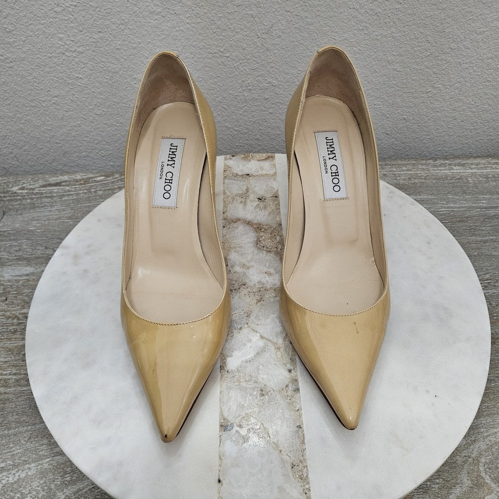 Jimmy Choo Beige Patent Leather Pointed-Toe Pumps - Picture 2 of 12